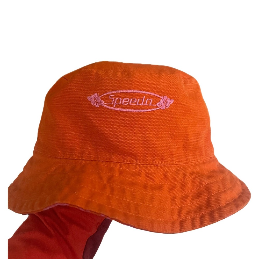 Speedo Reversible Bucket Hat Orange Pink Tropical Beach Floral Hibiscus Sun Hat